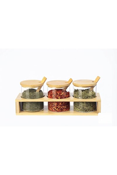 Generic Premium Bamboo Spice Jar Set, 3 Glass Condiment Pots with Airtight Li...