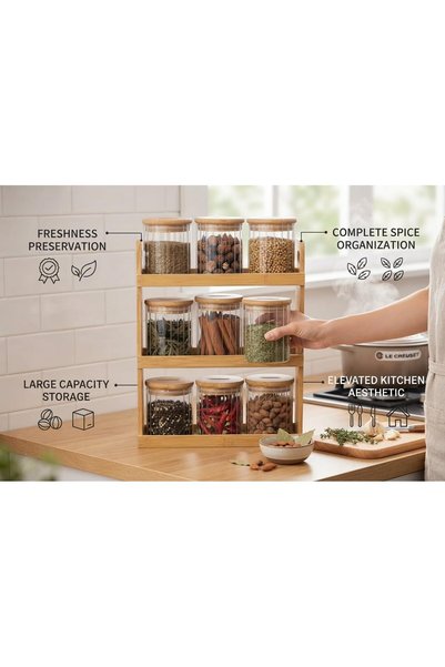 Generic 3-Tier Bamboo Spice Rack Organizer with 9 Fluted Glass Airtight Canisters & Lids, Vertical Countertop Storage Shelf for Spices, Herbs, Seasonings, Dry Goods and Kitchen Pantry Organization