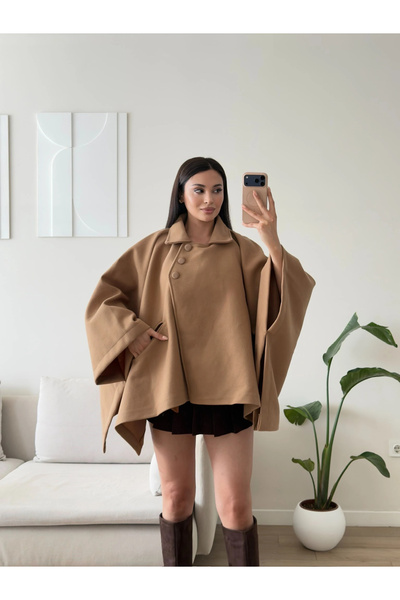Zoom Butik Düğme Detay Pelerin Panço Ceket - CAMEL