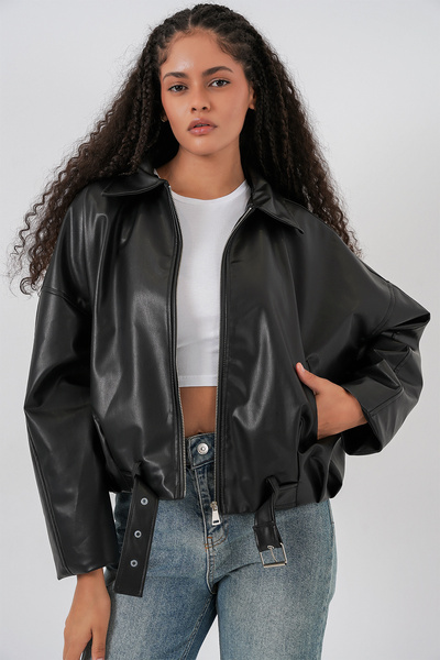 Merterium Women's Belt Detailed Leather Jacket 1592 - Black