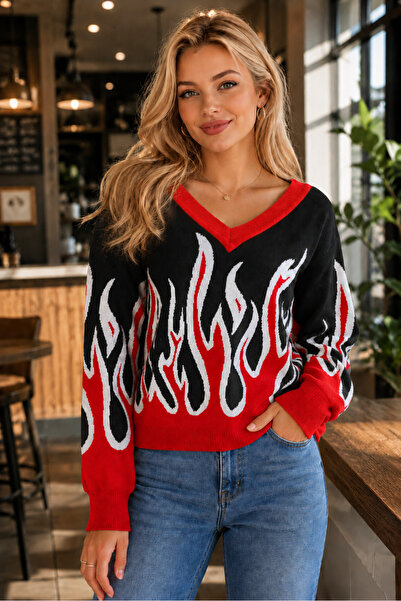 TRQOM Women's V-Neck Long Sleeve Flame Patterned Color Garnished Special Desi...
