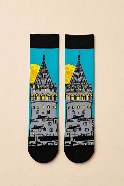Ka Art Gallery Galata Tower Moon Patterned Turquoise Unisex Socks