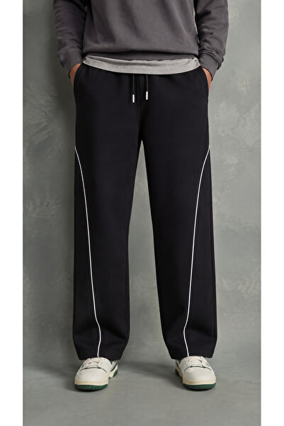 zazzia Men's Black Baggy Sweatpants with Front Piping and Wide Legs
