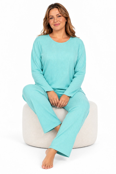 FAMES PİJAMA Büyük Beden Su Yeşili Kaşkorse Pijama Takımı