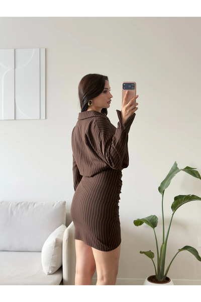 Zoom Butik Double Çizgili Gömlek Elbise - KAHVE