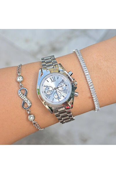 COLESİUM Silver Metal Kordon Kadın Saat Kombini 3848