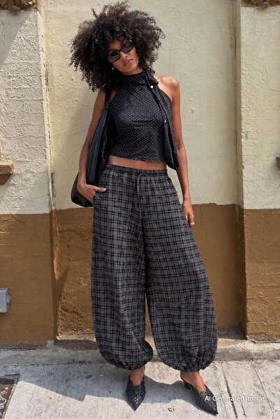 Madmext Black Plaid Patterned Elastic Waist Balloon Pants Mg2905