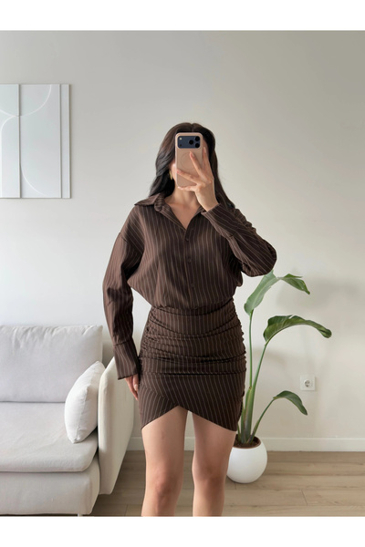 Zoom Butik Double Çizgili Gömlek Elbise - KAHVE