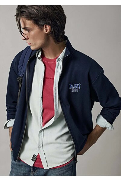 Mavi M0S10655 Logo Printed Zippered Men's Sweatshirt Dark Blue