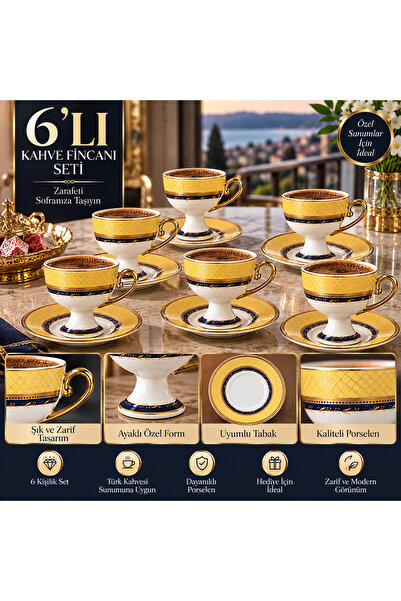 PANORAMA 6’lı Ayaklı Porselen Kahve Fincanı Takımı – Sarı Lacivert Gold Detay...
