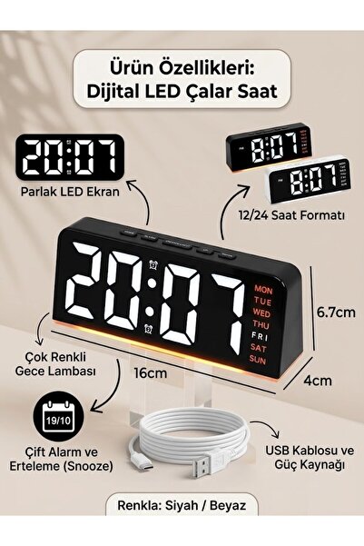 Neler Geldi Neler Dijital Led Alarm Saati, Tarih Göstergeli, Çift Alarm Gece Lambası Masa Saati Saatli Gece Lambası