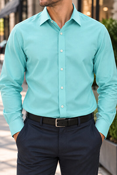 Beyome Men's Plain Slim Fit Shirt Long Sleeve Cotton Classic Stylish Shirt