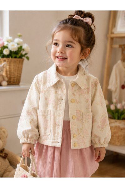 SUKA KİDS Kız Çocuk Çiçek Desenli Vintage Kot Ceket - Ekru / Pembe