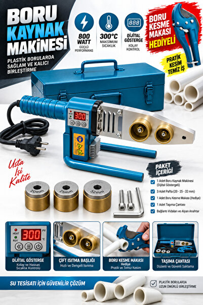 DynamicTech Profesyonel 800W Dijital Göstergeli 300°C Boru Kaynak Makinesi Seti – 20/25/32 mm Pafta + Boru Kesme Makası Hediyeli