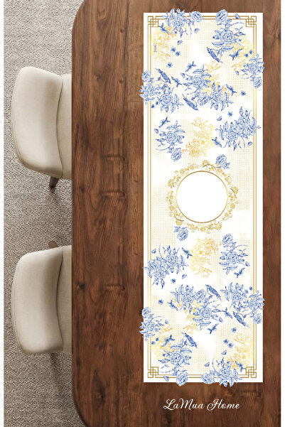 LAMUA HOME Royal Mavi Çiçek Ve Kuş Desenli Gold Detaylı Lamineli Cut Runner-L...