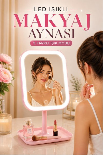 Kitchen Beauty Led Işıklı Makyaj Aynası 3 Renk Işık Dokunmatik Ayarlanabilir Dikdörtgen Masa Üstü Makyaj Aynası Usb Şarjlı
