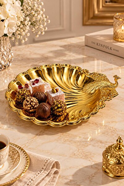 RASHA COLLECTION Tavus Kuşu Figürlü Gold Dekoratif Sunumluk