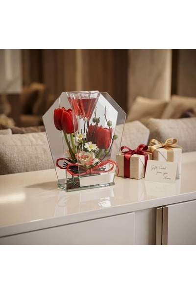 Ornament24 Aranjament floral din sticla cu lalea rosie, lumanare si LED, cado...