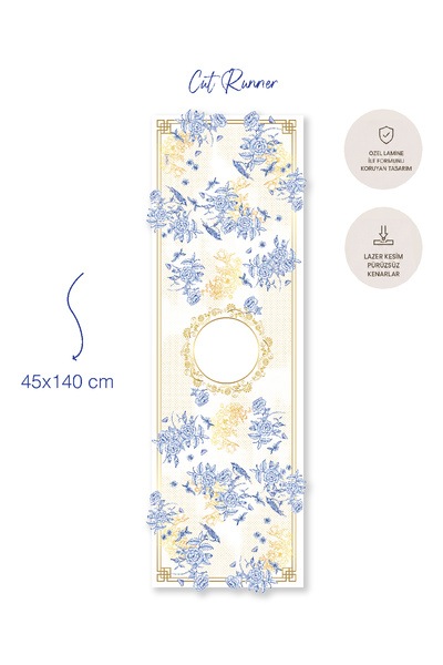 LAMUA HOME Royal Mavi Çiçek Ve Kuş Desenli Gold Detaylı Lamineli Cut Runner-Lazer Kesim