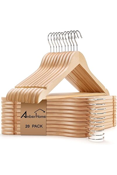 AMBER HOME شماعات ملابس خشبية طبيعية 44.5 سم، 20 قطعة، شماعات ملابس خشبية موف...