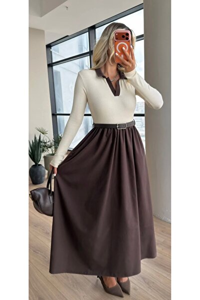talyambutik Kadın Yeni Sezon Uzun Kollu Polo Yaka Kemer Detaylı Elbise