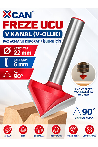 V Kanal Freze Ucu 90° Ø22 mm – 6 mm Şaft – Ahşap Gravür ve Kanal Açma