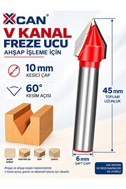 Xcan 60° V Kanal Freze Ucu Ø10 mm – 6 mm Şaft – Gravür ve Kanal Açma