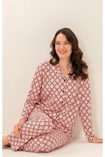 Arnetta Women's patterned pink pajama set, boxed pajamas, shirt collar, pocke...