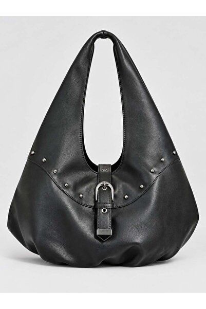 Madamra Black Women's Large Size Hobo Shoulder Bag with Metal Studs and Lock ...
