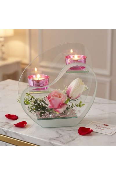 Ornament24 Aranjament floral cu lalea si trandafir, din sticla, cu lumanari, ...