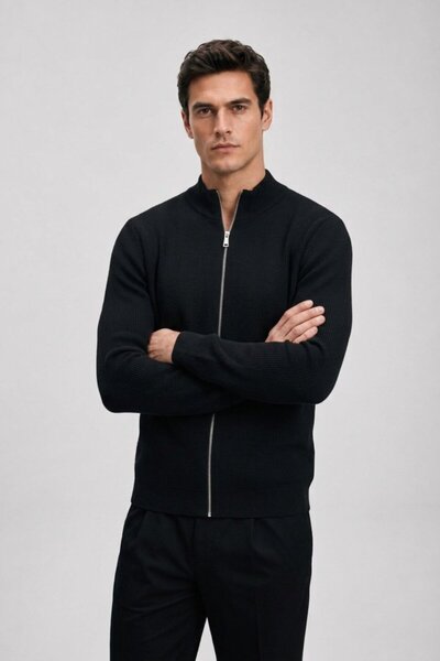 Maccali Men's Stand Collar Pocket Textured Zippered Black Knitwear Cardigan