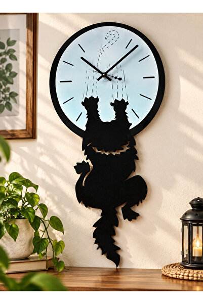 ROKH 🐱🕐 35x25 cm Kedi Figürlü Dekoratif Duvar Saati Siyah Kedi Temalı Duvar...