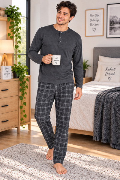 SERPİL Men's Pajama Set Long Sleeve Shirt Collar Plaid Bottom Top Set – Anthr...