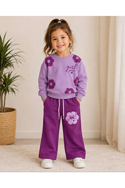 is kids wear Kız Çocuk Çiçek Kabartma Baskılı Sweatshirt Ve Çiçek Baskılı Fla...