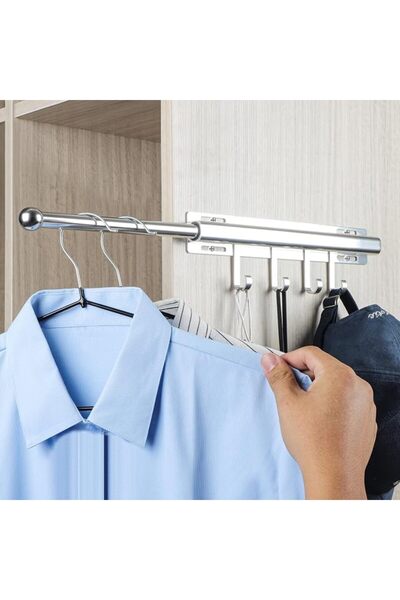 KASTWAVE Pull Out Valet Rod, 12 Inch Slide Out Closet Hanger with 4 Hooks, Si...