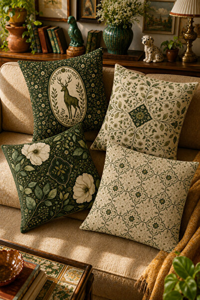 SasoHome Secret Garden Collection | Evinize Zamansız Bir Şıklık Katan Vintage Botanik ve Geyik Desenli 4’lü Dekoratif Kırlent Kılıfı Seti