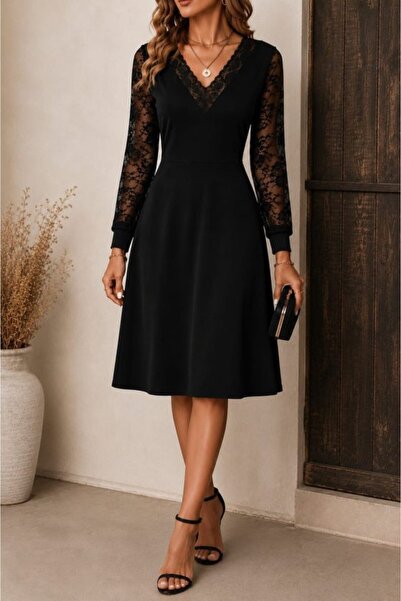 Generic Brand Women's Long Sleeve V Lace Collar Short Janjan Crepe Dress