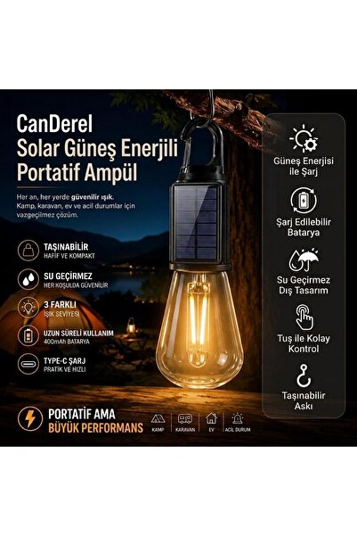 Canderel Taşınabilir Güneş Enerjili Solar USB Şarjlı Led Ampül Kamp Bahçe Lam...