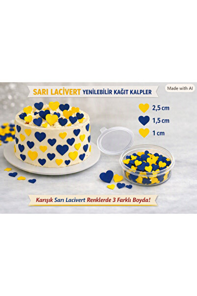 hediyehobihersey Taraftar Sarı Lacivert Kalp Pasta Süsü, Pasta Süsü Kalp, Yenilebilir Kalpler