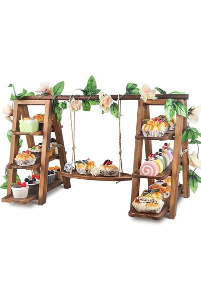NIUBIER Wooden 3 Tier Cupcake Stand with Swing and Flower Decoration Serving ...