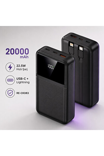 PİYATECH 20000 mAh 22.5W Hızlı Şarj Powerbank Dahili Type-C ve Lightning Kabl...