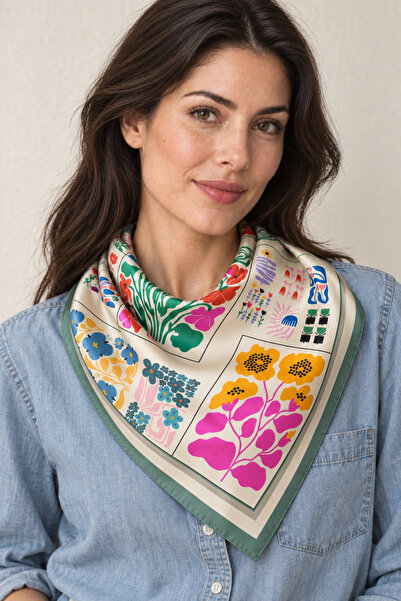 DSCARF Botanical Gallery – Modern Floral Patterned Cream Satin Scarf with Gre...