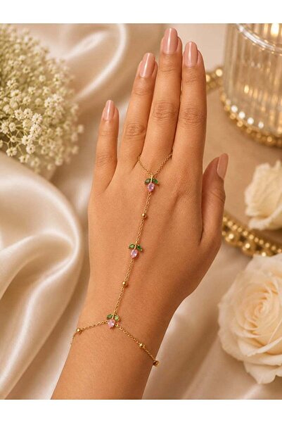 Generic Gold-Tone Anti-Tarnish Hand Chain with Pink Gemstone Floral & Green L...