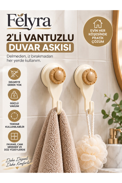 Felyra 2'li Vantuzlu Duvar Askısı Güçlü Vakumlu Delmeden Montaj Banyo Mutfak ...