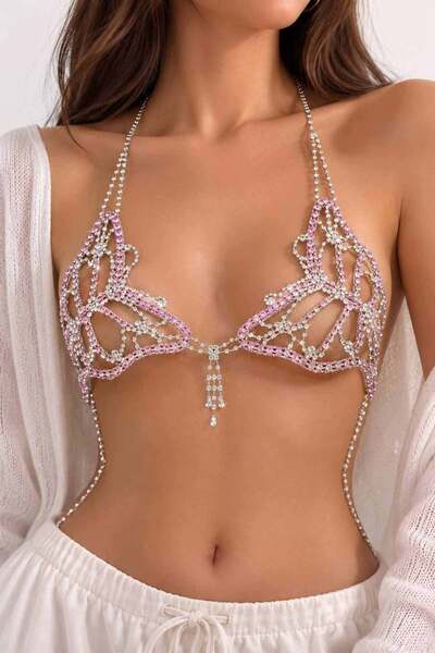 TAKIŞTIR Gümüş Renk Kelebek Figürlü Taş Detaylı Bikini Üstü /Bralet /Vücut Ak...