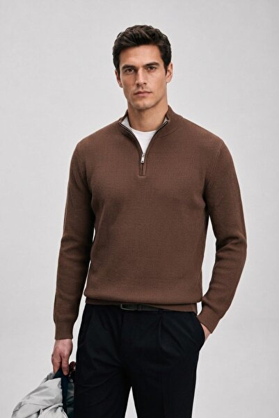 Maccali Men's Stand Collar Zippered Dark Brown Knitwear Winter Sweatshirt