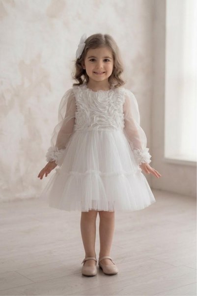 penu baby kids 3D Rose Pattern Long Tulle Sleeves Girls Dress with Ruffles at Hem