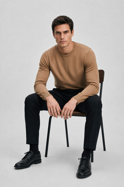 Maccali Men's Trendy Crew Neck Comfortable Camel Knitwear Sweater