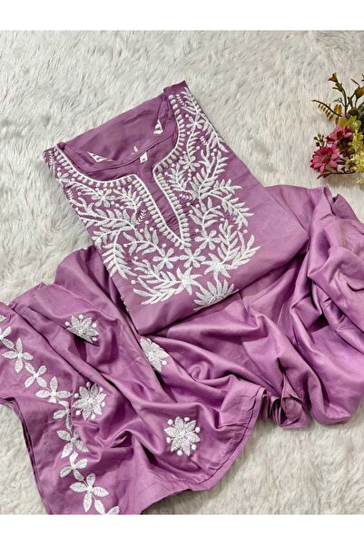 MYSMAR Lavender Chikankari-Style Embroidered Rayon Cotton Kurti Set - HRT8105...