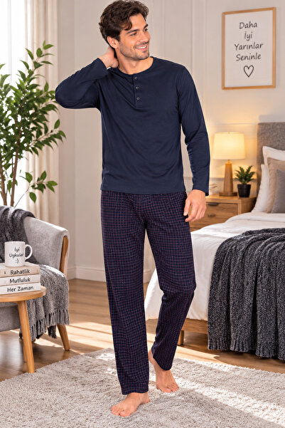 SERPİL Men's Pajama Set Long Sleeve Navy Blue Plaid Patterned Bottom Top Set